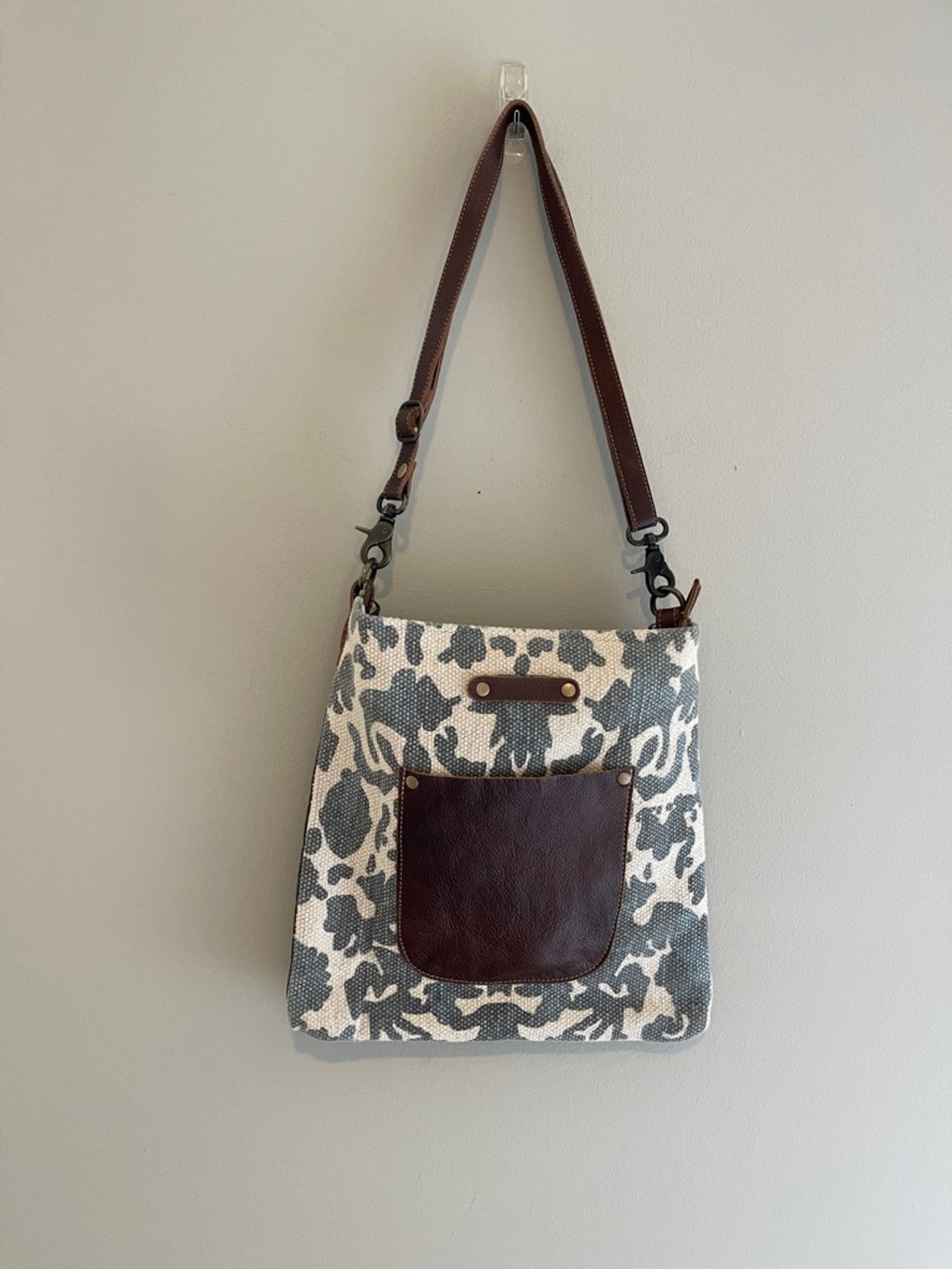 Myra Bag Crossbody Camouflage Print Bag Purse Gray Blue Leather Accent Pocket